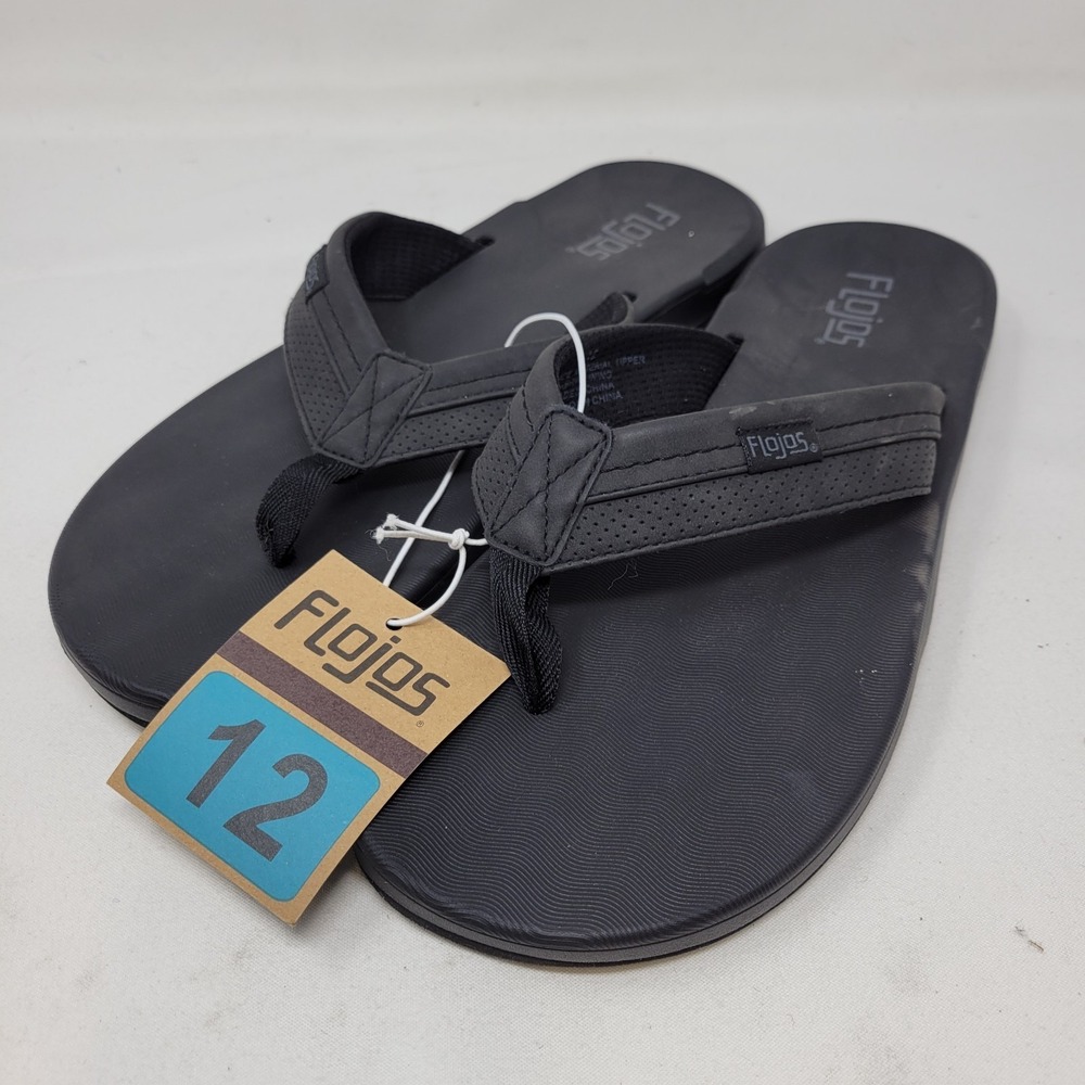 Flojos Sandals Mens Size 12 Black Thong Memory Foam Slip On Beach Sandals